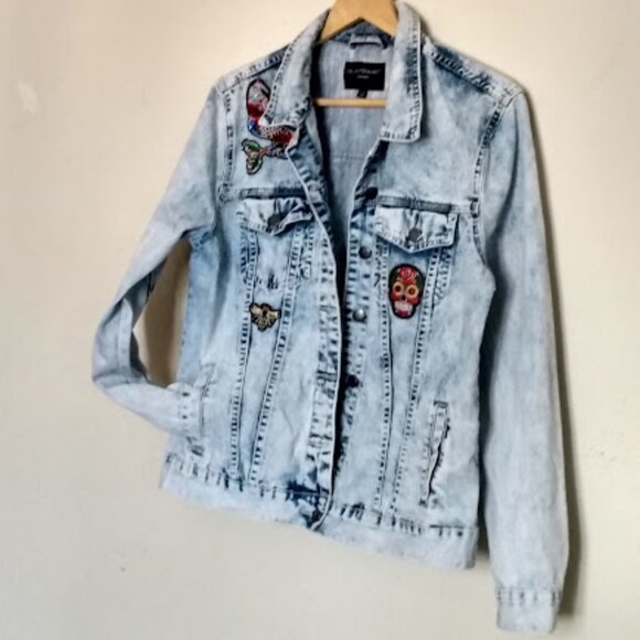 Velvet light Denim Jean Jacket with Sequin Patches Size M - Picture 3 of 12